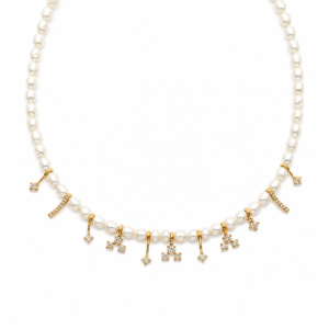 14K gold plated CZ falling star pearl charm pendant necklace wholesale | Pearl Station Necklace | Ideal Pearl Co.