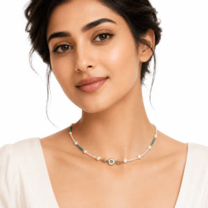 Model wearing freshwater pearl station turquoise beaded necklace | Pearl Stone Jewelry Wholesale | Ideal Pearl Co.
