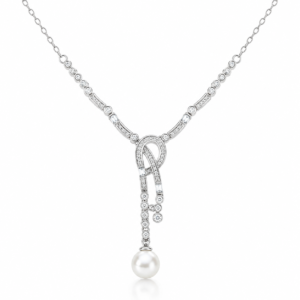 Full CZ pave lariat pearl drop necklace zirconia adjustable | Pearl Lariat Necklace | Ideal Pearl Co.