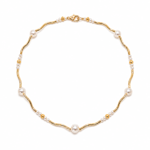 Gold organic wave chain pearl station necklace manufacturer | Pearl Station Necklace | Ideal Pearl Co.