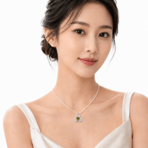 Model wearing pearl necklace jade pave silver flower charm | Pearl Jewelry Supplier | Ideal Pearl Co.