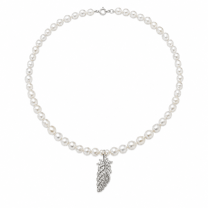 Pearl necklace silver feather leaf pendant boutique | Pearl Pendant Necklace | Ideal Pearl Co.