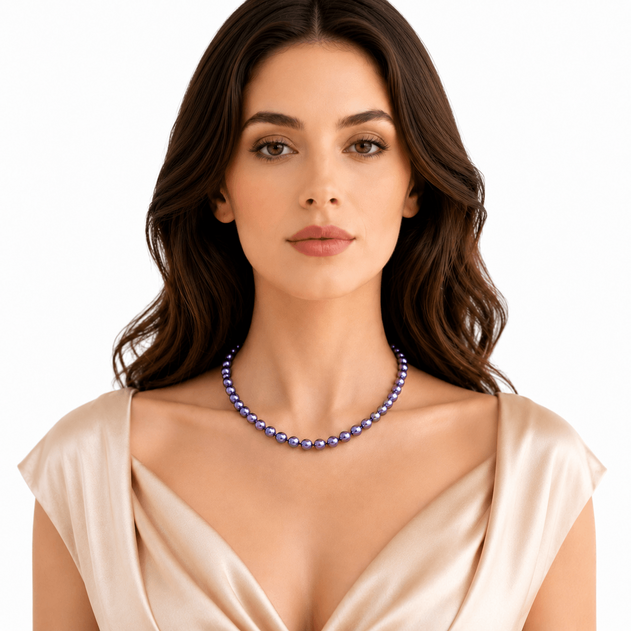 Model wearing purple freshwater pearl strand necklace | Pearl Jewelry Wholesale | Ideal Pearl Co.