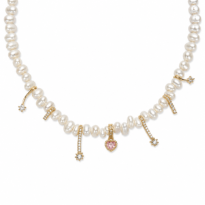 White pearl station zircon heart multi charm drops necklace boutique | Pearl Station Necklace | Ideal Pearl Co.