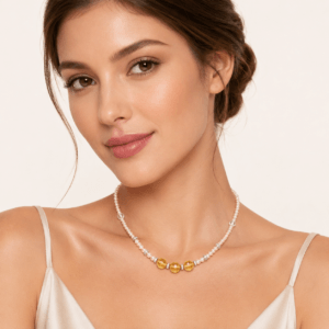 Model wearing ZhuJi pearl necklace with yellow citrine crystal beads | Pearl Stone Jewelry Wholesale | Ideal Pearl Co.