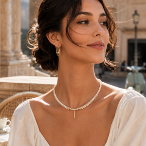 Double Layer Freshwater Pearl Necklace with Gold Bar Pendant on Model – OEM Pearl Necklace Supplier | Ideal Pearl Co.