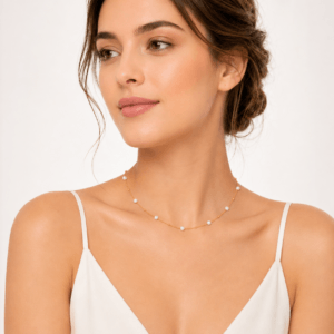 Model wearing 18K gold dainty pearl station necklace | Adjustable Chain | Ideal Pearl Co.
