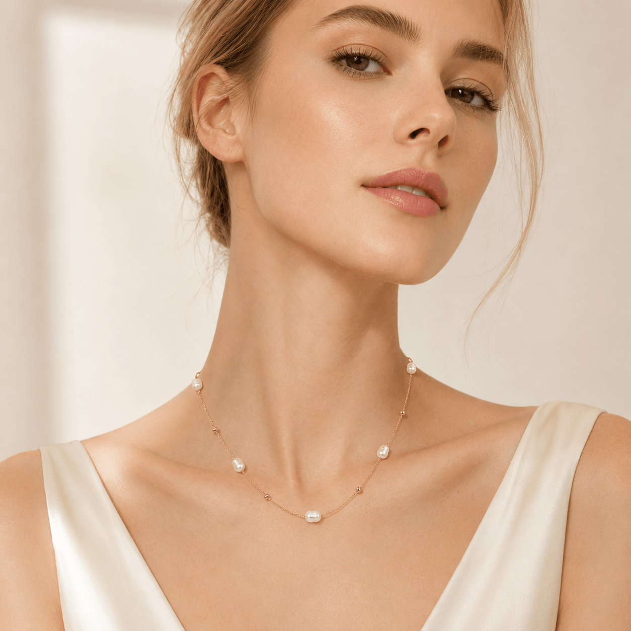 Pearl Station Necklace with Gold Bead Accents - Image 2