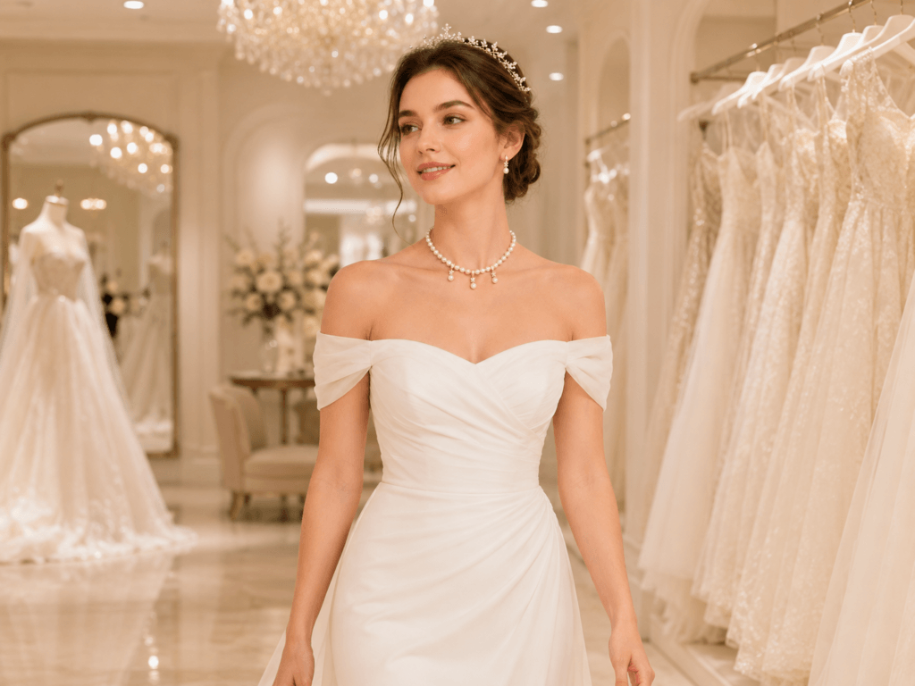Bride wearing a pearl necklace with an off-shoulder wedding gown | Ideal Pearl Co.