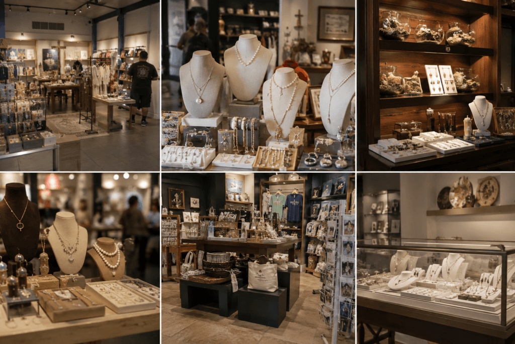 Pearl jewelry displayed in a resort gift shop boutique | Ideal Pearl Co.