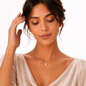 Model wearing rose gold plated pearl necklace for women | Factory Direct | Ideal Pearl Co.