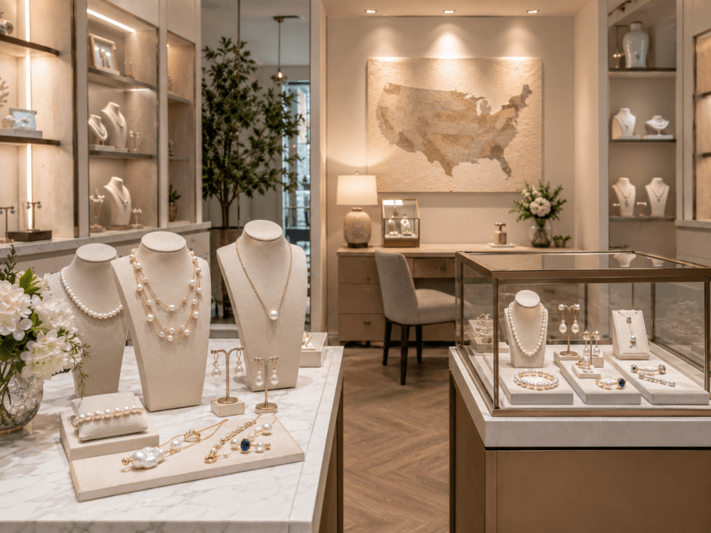 US pearl jewelry market showroom with United States map display | Ideal Pearl Co.