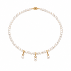 Bridal layered pearl necklace with gold-capped pearl drop charms | Pearl Layered Necklace | Ideal Pearl Co.