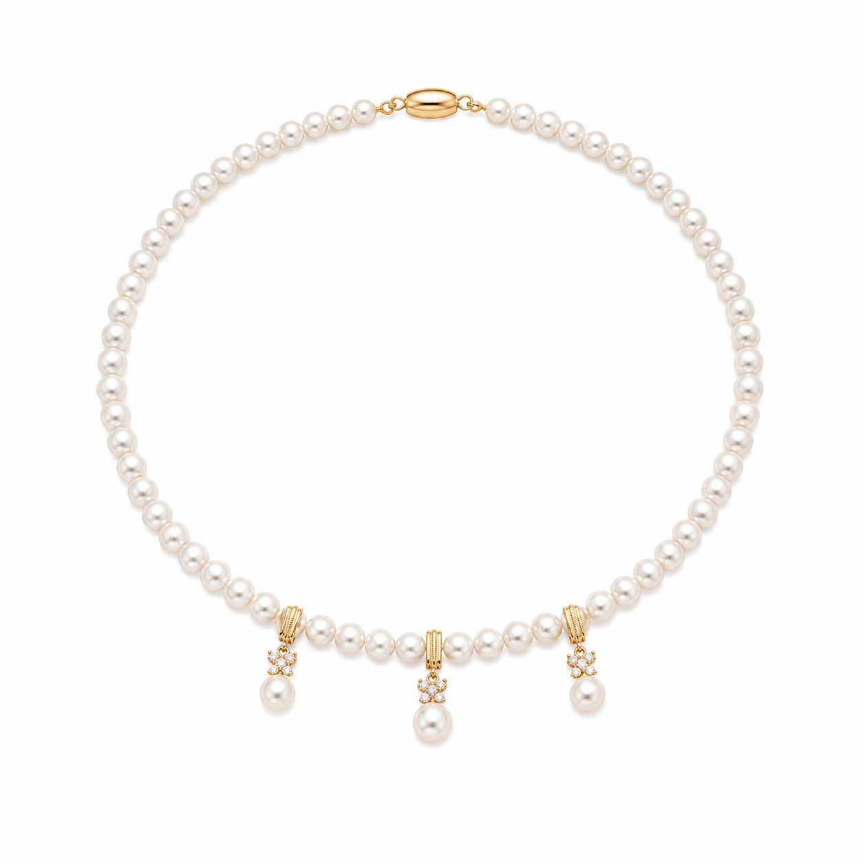 Bridal layered pearl necklace with gold-capped pearl drop charms | Pearl Layered Necklace | Ideal Pearl Co.
