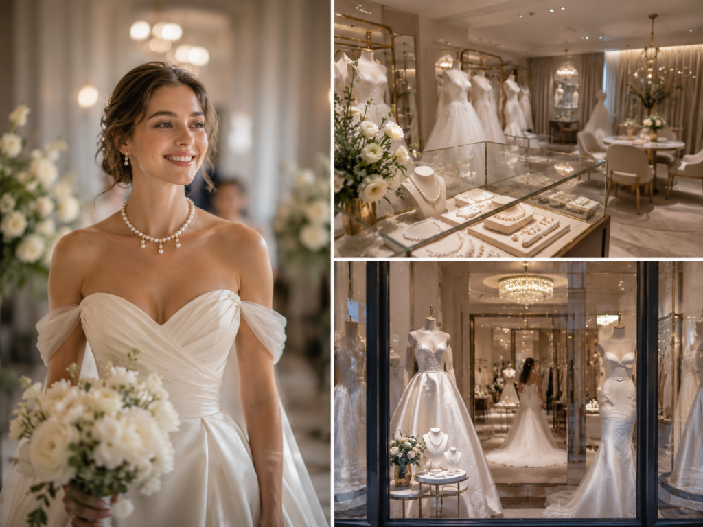 Bridal pearl jewelry necklace worn by a bride in a wedding boutique setting | Ideal Pearl Co.