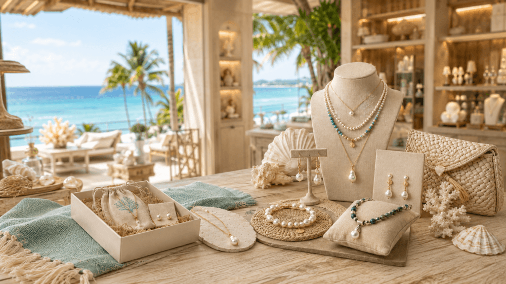 Pearl jewelry for resort gift shops displayed in a coastal boutique | Ideal Pearl Co.