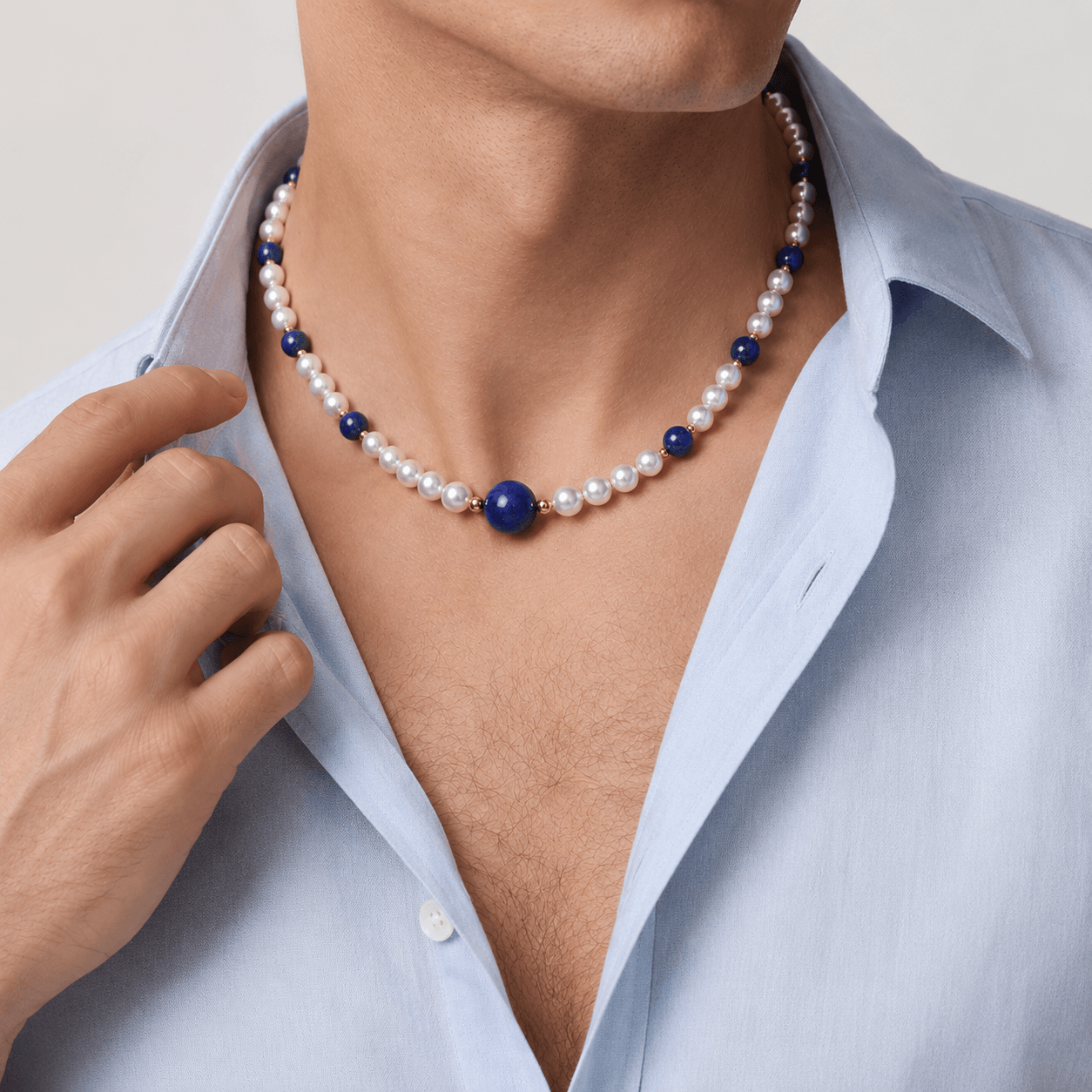Model wearing men's beaded necklace with pearl and lapis lazuli | Ideal Pearl Co.