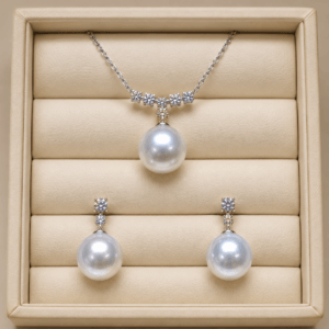 10-11mm white South Sea pearl diamond pendant and earring set in 18K white gold | Ideal Pearl Co.