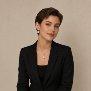 White South Sea pearl diamond pendant and earring set worn on model | Ideal Pearl Co.