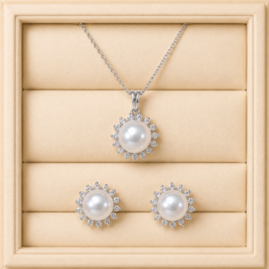 10-12mm white South Sea pearl halo pendant and earring set in 18K white gold | Ideal Pearl Co.