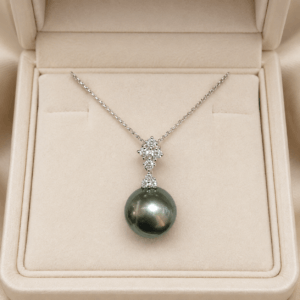 11-12mm Tahitian pearl and diamond pendant necklace in 18K white gold | Ideal Pearl Co.