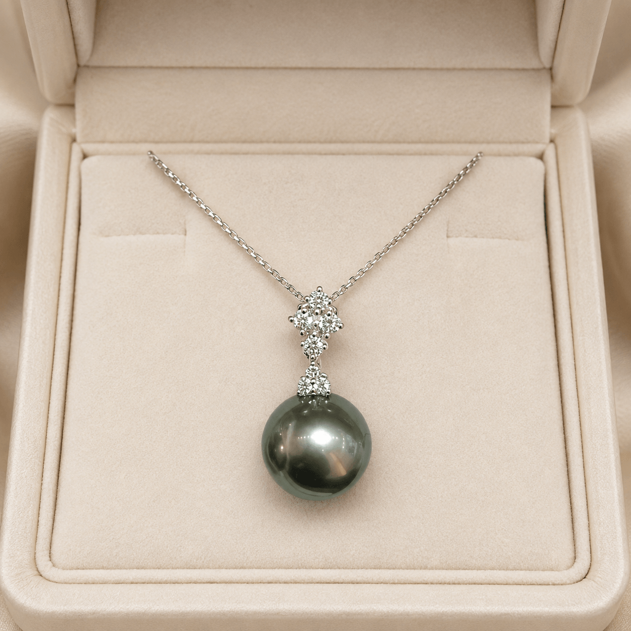 11-12mm Tahitian pearl and diamond pendant necklace in 18K white gold | Ideal Pearl Co.