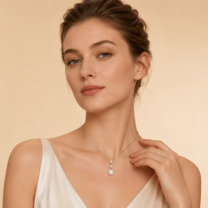South Sea pearl pendant necklace with diamond accent worn on model | Ideal Pearl Co.