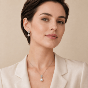 South Sea pearl and diamond pendant earring set worn on model | Ideal Pearl Co.
