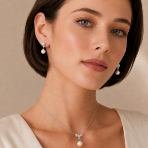 South Sea pearl floral diamond jewelry set worn on model | Ideal Pearl Co.