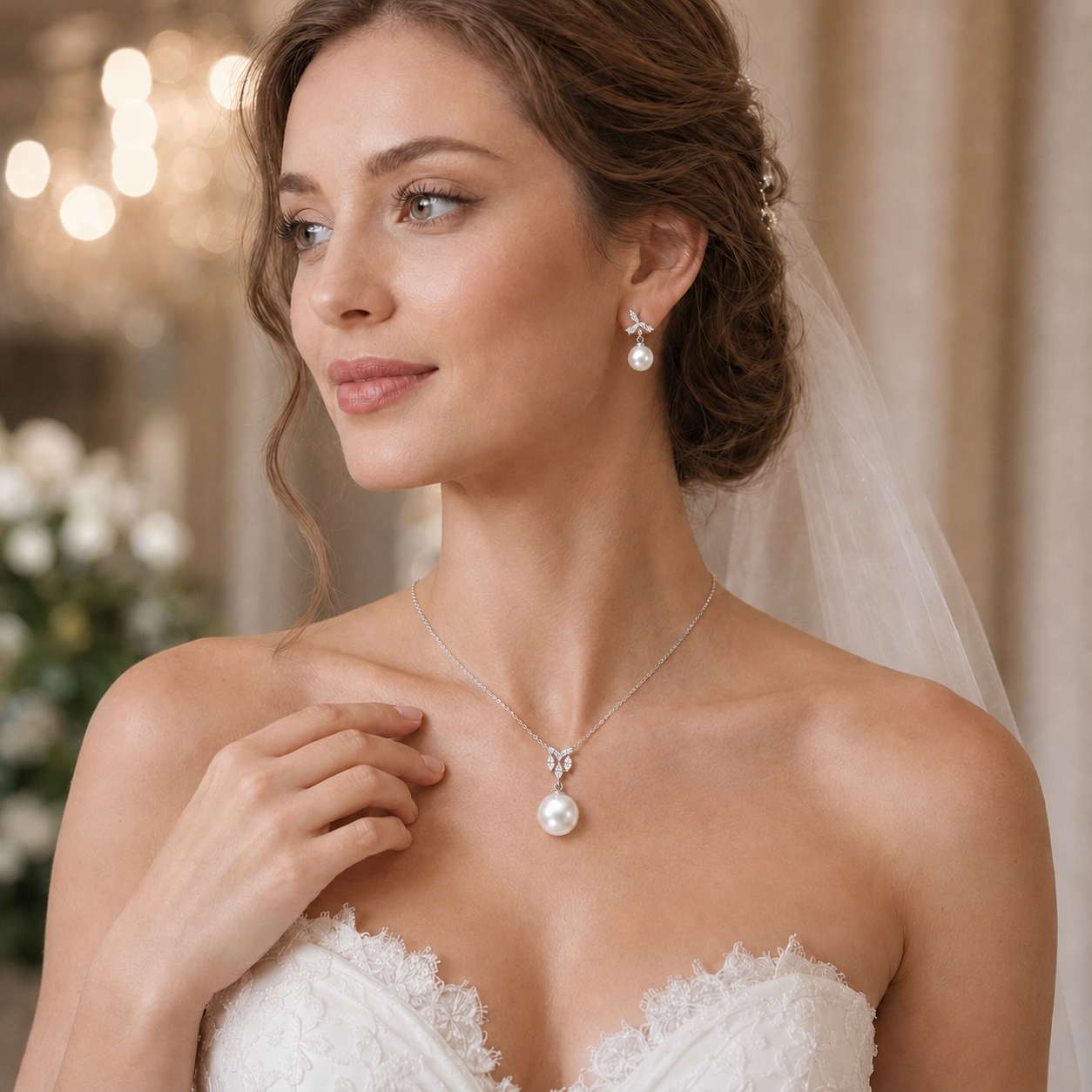 18K White Gold South Sea Pearl and Lab-Grown Diamond Bridal Set - Image 2
