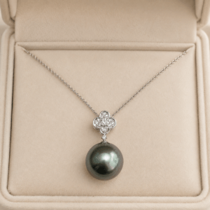 Tahitian pearl pendant necklace in white gold with diamond clover bail | Ideal Pearl Co.