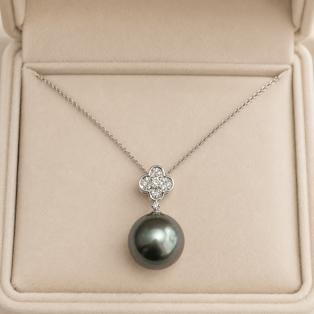 Tahitian pearl pendant necklace in white gold with diamond clover bail | Ideal Pearl Co.