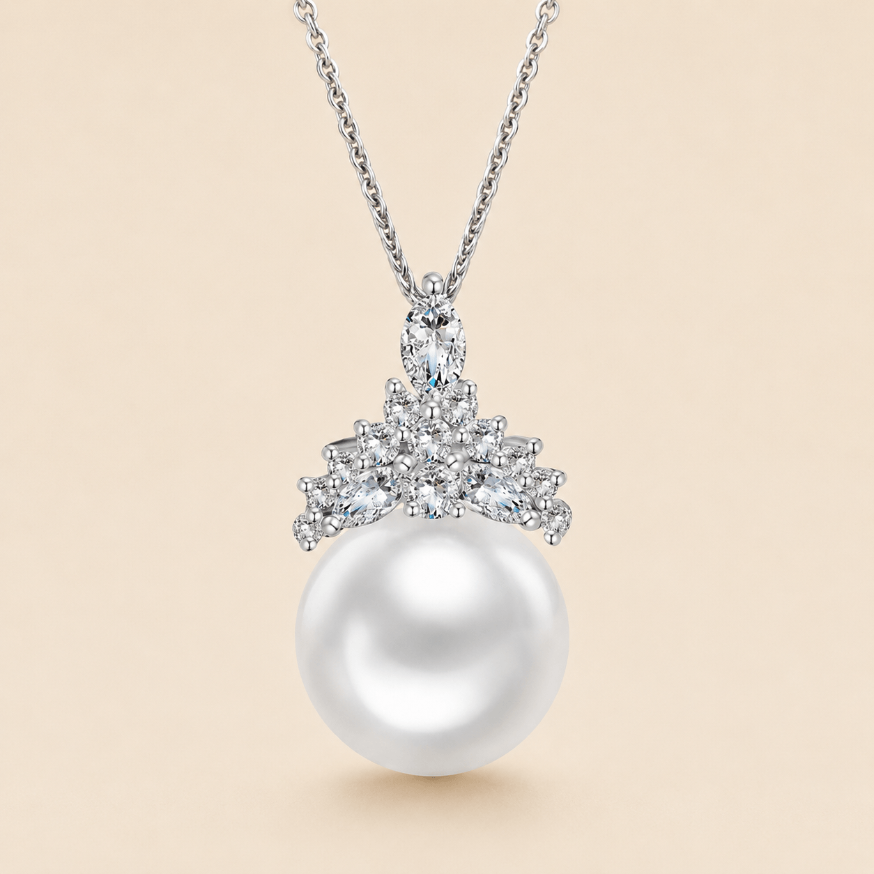 White South Sea pearl diamond cluster pendant in 18K white gold | Ideal Pearl Co.