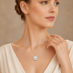 South Sea pearl diamond halo necklace worn on model | Ideal Pearl Co.