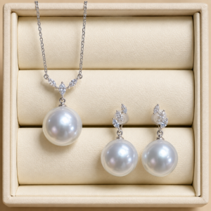 White South Sea pearl drop pendant and earring set in 18K white gold | Ideal Pearl Co.