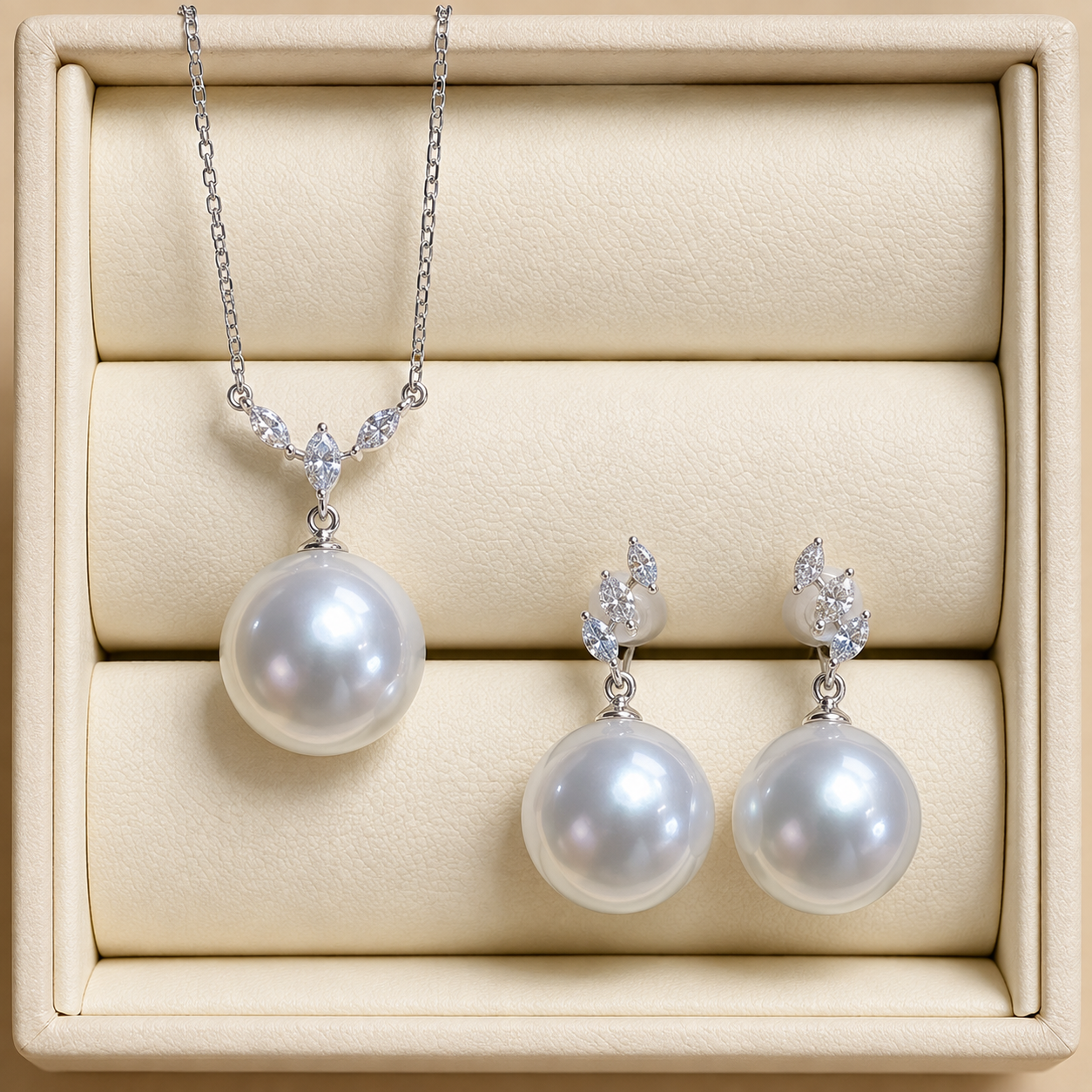 White South Sea pearl drop pendant and earring set in 18K white gold | Ideal Pearl Co.