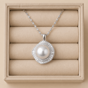 White South Sea pearl halo diamond pendant necklace in 18K white gold | Ideal Pearl Co.