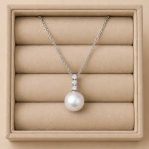 White South Sea pearl three-stone diamond pendant necklace in 18K white gold | Ideal Pearl Co.