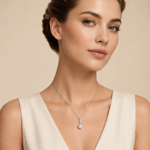 South Sea pearl three-stone diamond pendant necklace worn on model | Ideal Pearl Co.